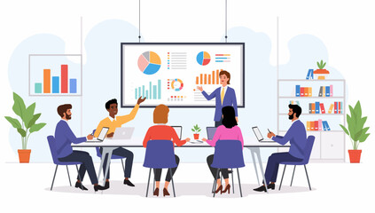 Diverse team in a business meeting with charts and graphs presentation