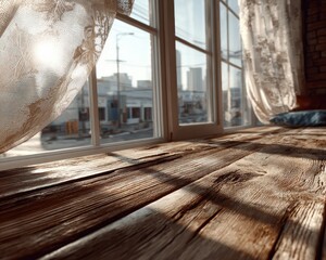 Sunlight streams through a window onto a rustic wooden sill