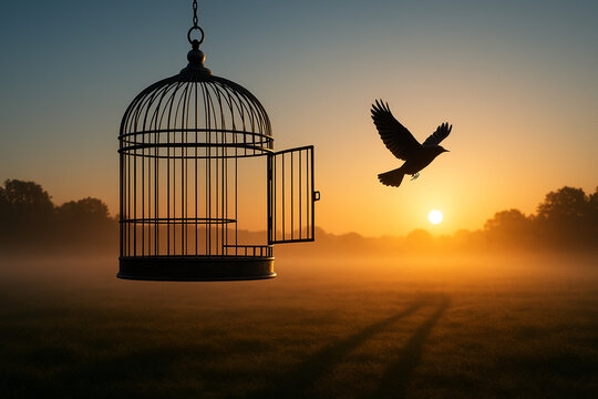 Freedom's flight: A beautiful moment of a bird leaving its open cage at dawn.