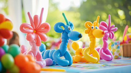 Balloon animals on party table at outdoor kids event