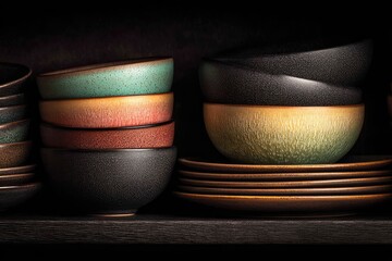 Stacked ceramic bowls and plates on a dark shelf