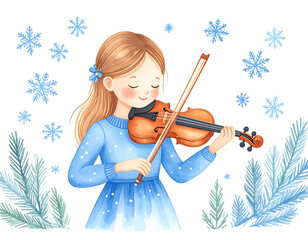Winter melody the girl plays violin under a gentle snowfall