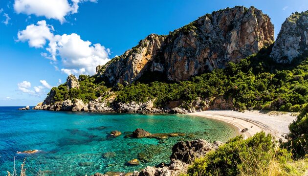 A picturesque cove, vibrant turquoise water, and a pristine white sand beach nestled against dramatic cliffs.