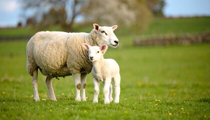 Obraz premium Ewe and lamb stand in a lush green pasture, bathed in soft sunlight