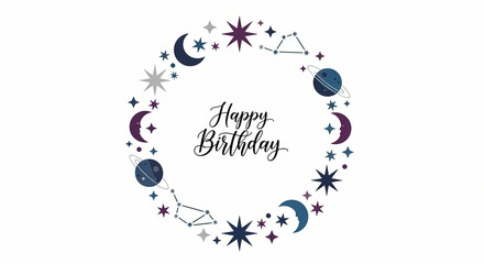 Celestial Birthday - Moons, Stars, and Constellations Wreath Design.