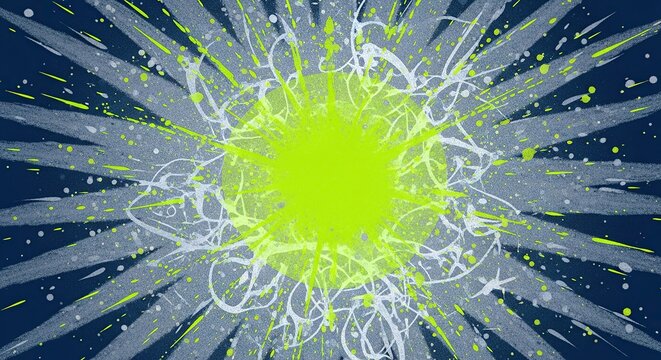 Vibrant Neon Supernova: A Chaotic Burst of Lime Green and White Paint Splatter