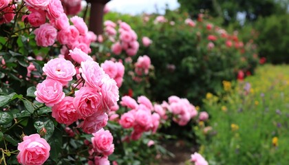 Lush pink rose bushes in a vibrant garden setting, showcasing abundant blooms and verdant foliage