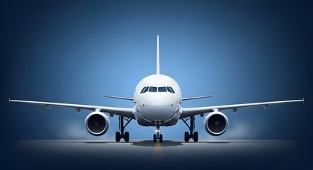 Naklejka premium Front view of a white passenger airplane on a dark blue background with runway lights