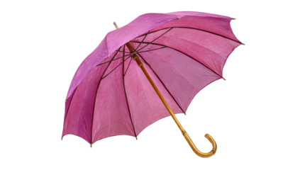 A vibrant magenta umbrella, open, angled slightly to the right, against a black background.  Its fabric panels are subtly shaded, creating a gradient effect.  The wooden handle curves gracefully