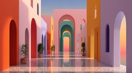 Colorful arched buildings line a pathway