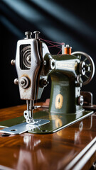 Fototapeta premium Vintage portable sewing machine with a dark background and a wooden surface showcasing its intricate details and metallic sheen