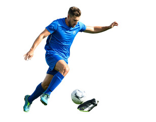 young man jumping with soccer ball