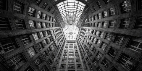 Black and white interior view of a building with many windows and arches