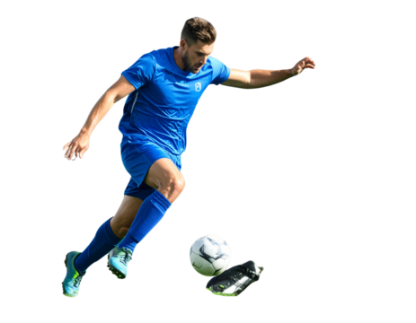 young man jumping with soccer ball