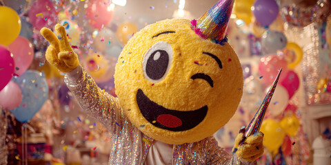 Party face emoji costume human body glitter jacket party hat confetti colorful balloons cheerful festive celebration