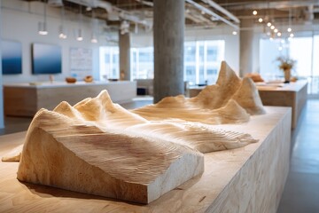 Light-toned wooden sculptures, resembling mountains, displayed on a light-colored wooden table within a modern space