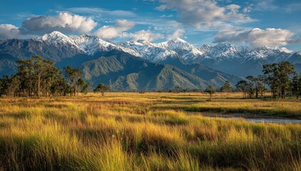 Fototapeta premium Snowy peaks rise above a golden valley