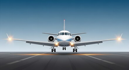 Naklejka premium Private Jet on Runway with Illuminated Wingtip Lights and Landing Lights airplane