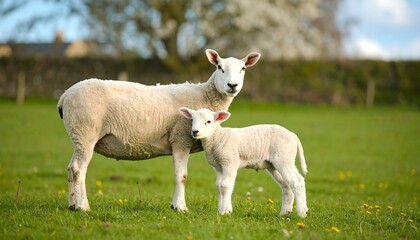 Obraz premium Ewe and lamb standing in a spring pasture