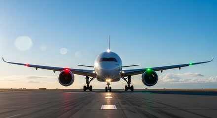 Obraz premium White passenger airplane with red and green wingtip lights on an airport runway aircraft