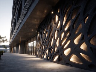 Modern building facade, textured concrete, illuminated