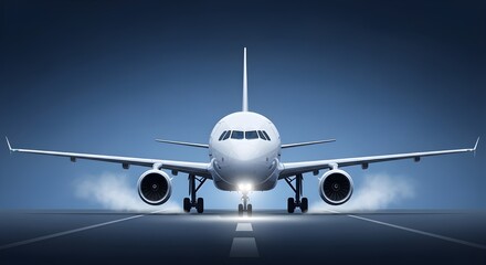 Naklejka premium White passenger jet airplane on a runway with smoke and landing lights aircraft airliner