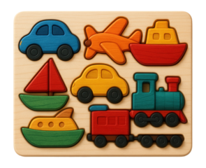Wooden puzzle with transportation shapes