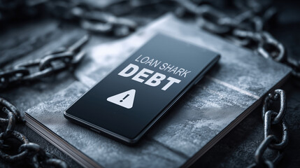 Debt warning on smartphone screen with chains and dark background shows financial stress and loan shark danger debt concept
