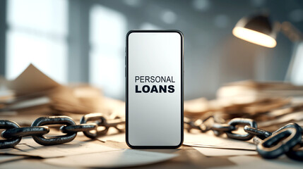Personal loans debt concept with smartphone chain and paperwork in office environment financial stress background debt concept