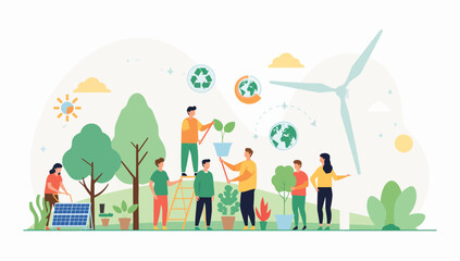 Collaborative Environmental Efforts Depicted with Solar, Wind, and Planting Activities