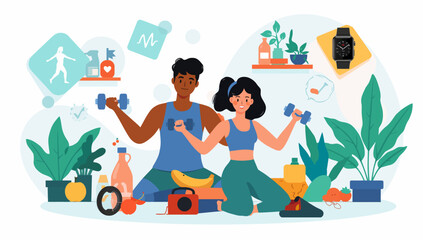 Diverse couple exercising with dumbbells surrounded by healthy lifestyle elements