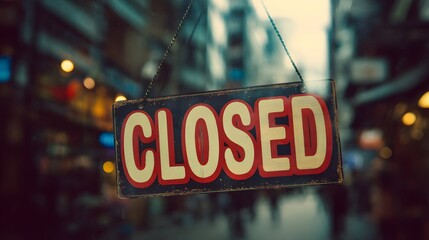 Closed sign hanging outside shop in city street.