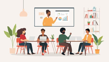 Diverse Team Attending Online Presentation with Charts and Graphs