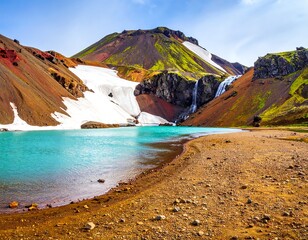 Colorful mountains, turquoise lake, and waterfall
