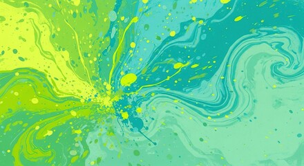 Vibrant Explosion of Lime and Teal Paint Splatters Over Swirling Marbled Aqua