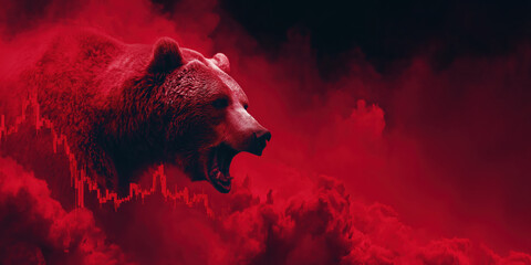 Red bear roaring with stock graph, surreal vibrant scene, financial market downturn, dramatic atmosphere, intense emotion