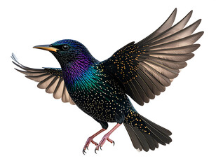 Obraz premium Starling catches the light with iridescent feathers on a white background