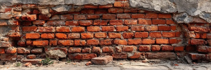 Damaged brick wall, showing mortar deterioration and structural decay