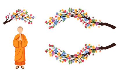 Monk meditating surrounded by delicate blossoming tree branches in full spring bloom