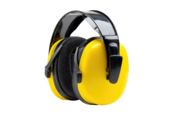 Bright yellow ear muffs, black headband, and ear cushions