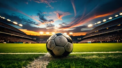 A white leather soccer ball rests on the green grass of an empty stadium field