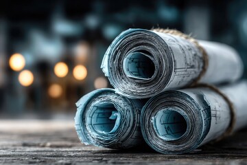 Rolled blueprints rest on a rustic table
