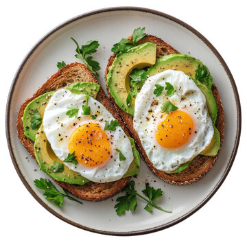 Two avocado toasts topped with fried eggs and parsley on a plate perfect for a healthy breakfast or brunch showcasing vibrant colors and fresh ingredients on transparent background