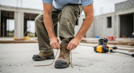 A man tying his work boots on a construction site.