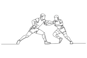 continuous line drawing of two wrestlers grappling in a competitive match
