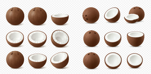 Realistic whole and halved coconuts displayed from various angles, isolated on a transparent background.