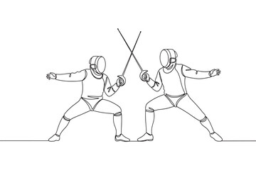 Continuous line drawing of two fencers in protective gear facing each other with swords crossed