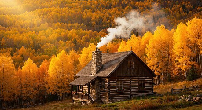 Cozy log cabin surrounded by vibrant autumn red, orange, and yellow trees, smoke rising from chimney on a crisp fall day in a peaceful forested mountain landscape