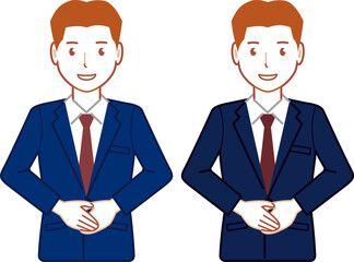 ネイビースーツ、ベリーショートの手を前で重ねる若い男性