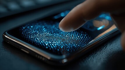 Fingerprint Unlock Technology: A modern security person’s touch on a screen. The fingerprint lights up showing an encrypted authorization, in this digital world.  Generative Ai